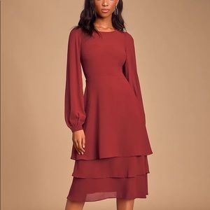 Crystal Clear Wine Red Long Sleeve Tiered Midi Dress